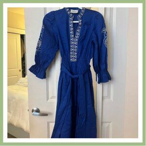 Hyacinth House Royal Blue with Baby Blue Embroidery Dowling Midi Dress XS NWOT